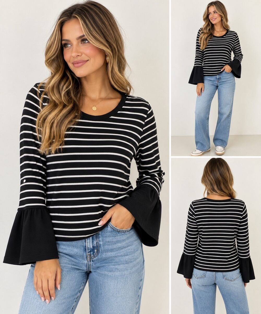 Anthropologie Black & White Striped Bell Sleeve Top Women’s Medium